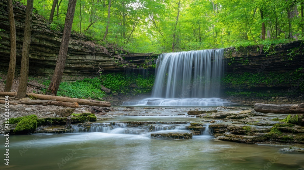 Obraz premium Serene waterfall flows over rock ledge into a shallow pool, surrounded by green forest