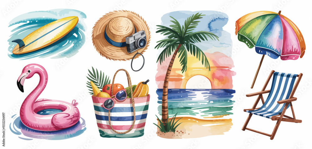Naklejka premium Summer Vacation Watercolor Collection Beach Elements