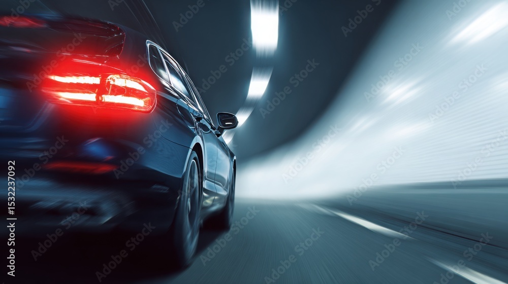 Fototapeta premium A car driving in a tunnel, close-up of the rear lights and side body with a motion blur effect. Electric vehicle concept car in the style. Blue in color.