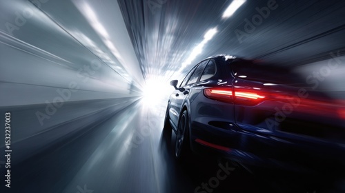 A car driving in a tunnel, close-up of the rear lights and side body with a motion blur effect. Electric vehicle concept car in the style. Blue in color.
