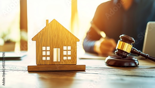 Wallpaper Mural A real estate law specialist sits at a desk with a gavel, scales of justice, and a toy house, engaged in managing documents and executing contracts for clients with foreclosed properties Torontodigital.ca