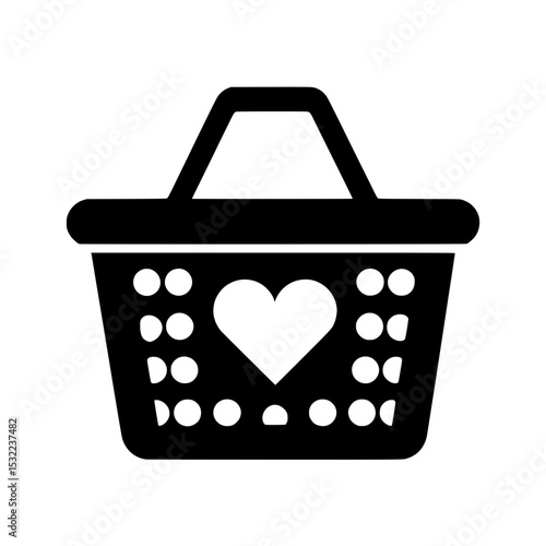 Shopping Basket Icon with Heart Symbols, Simple black and white icon of a shopping basket decorated with heart shapes, representing love for shopping or gifts.

