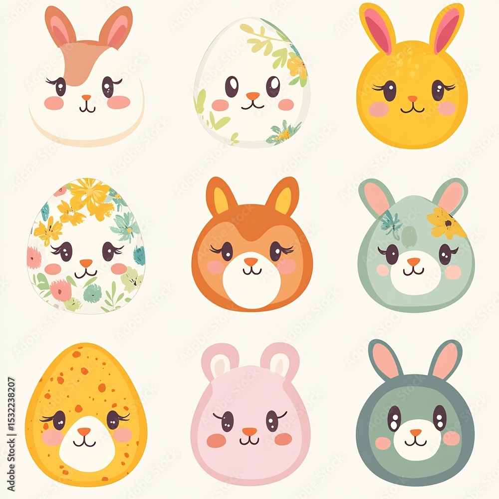 Fototapeta premium Kawaii Easter Eggs Vector Art – Cute Animal Face Designs in Adorable Cartoon Style for Spring Holiday Decor, Stickers, and Digital Prints