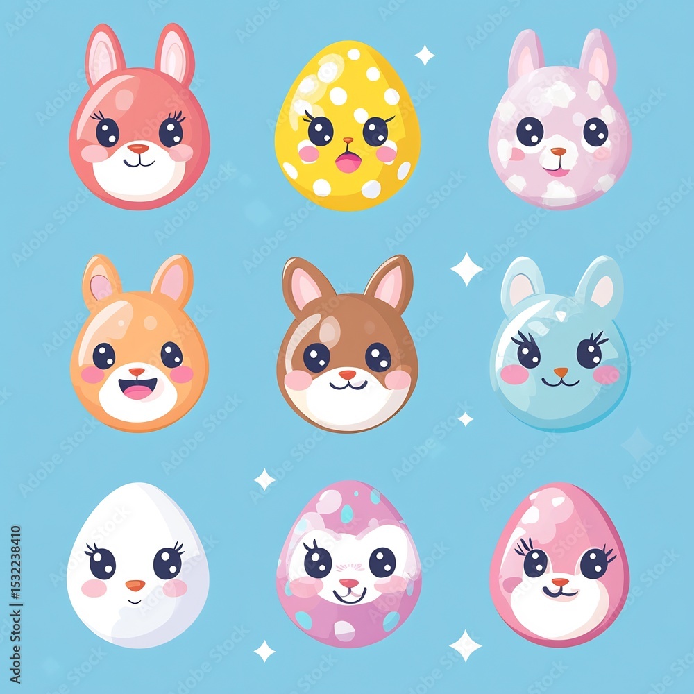 Fototapeta premium Kawaii Style Easter Eggs with Cute Animal Face Designs – Adorable Vector Art Featuring Bunnies, Chicks, and Pastel Holiday Themes
