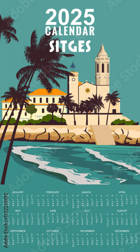 Monthly 2025 Calendar Sitges Spain travel poster, tropical resort bay view