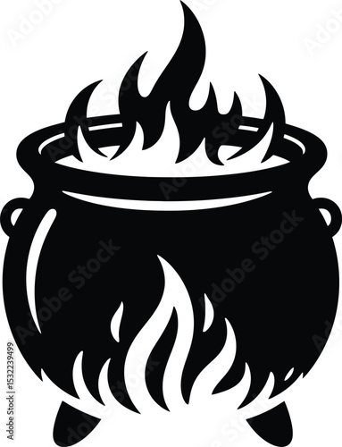 Cauldron with Fire Black and White Illustration