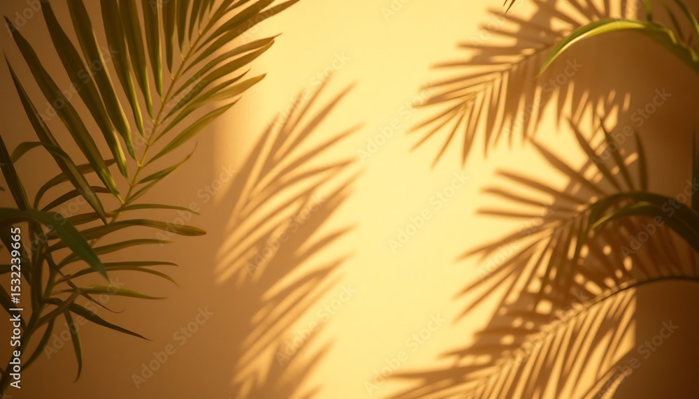 Fototapeta premium Palm frond silhouette on a warm yellow wall in bright sunlight.