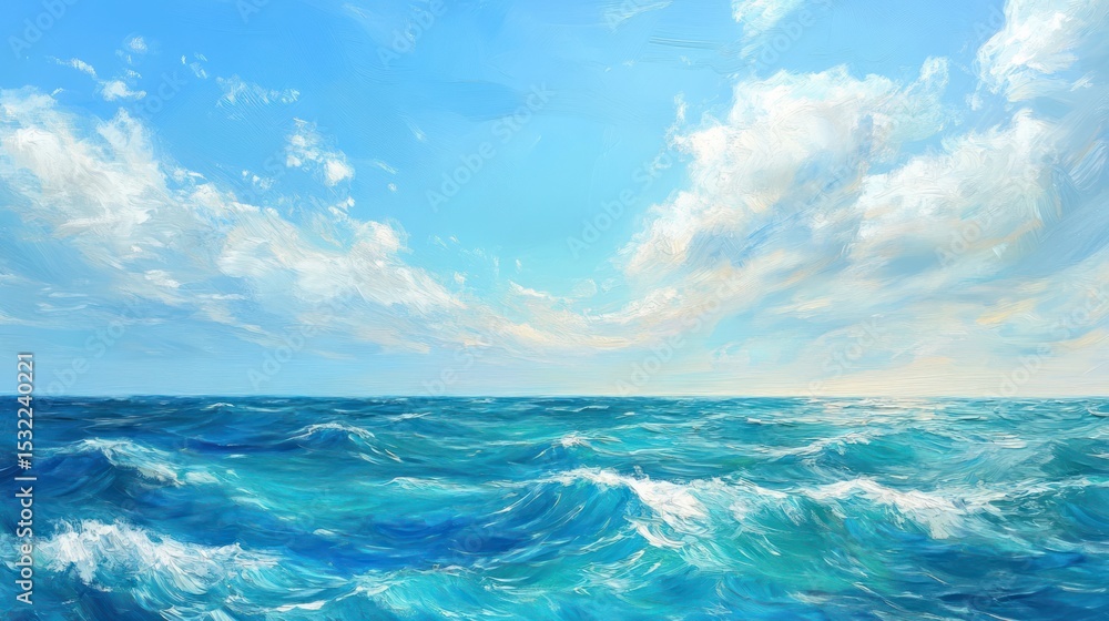 Fototapeta premium Painting depicts a seascape with wavy ocean, clear blue sky and white puffy clouds