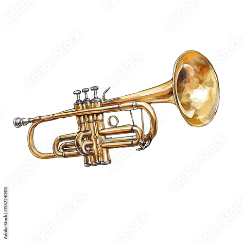 Trumpet, watercolor illustration vector, isolated on a white background.