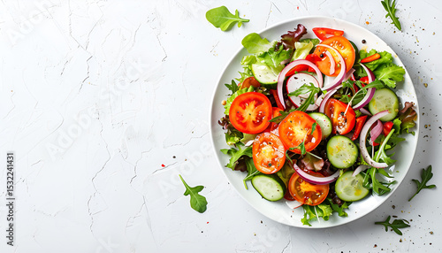 Bowl with delicious vegetable salad on white background, top view
