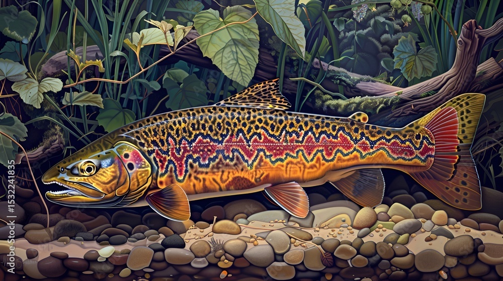 A vibrant trout resting near the riverbed, with detailed illustrations of its scales and fins, set against a backdrop of lush aquatic vegetation. 40k, full ultra hd, high resolution A vibrant trout resting near the riverbed, with detailed illustrations of its scales and fins, set against a backdrop of lush aquatic vegetation. 40k, full ultra hd, high resolution