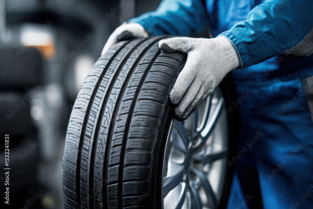 Obraz premium Close-up of a mechanic in uniform and gloves handling a brand new car tire with alloy wheel inside a service garage.
