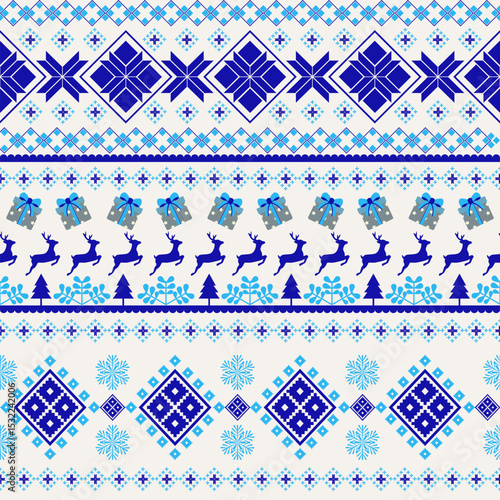 Christmas vector greeting card pattern with blue stars and snowflakes - Scandinavian knnitting, cross-stitch design. Nordic retro Xmas repetitive background
