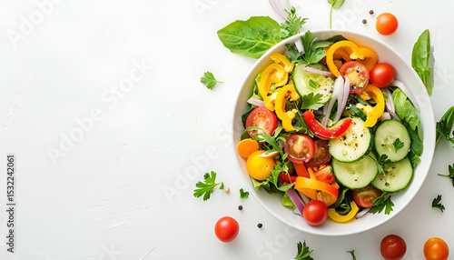 Bowl with delicious vegetable salad on white background, top view