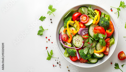 Bowl with delicious vegetable salad on white background, top view