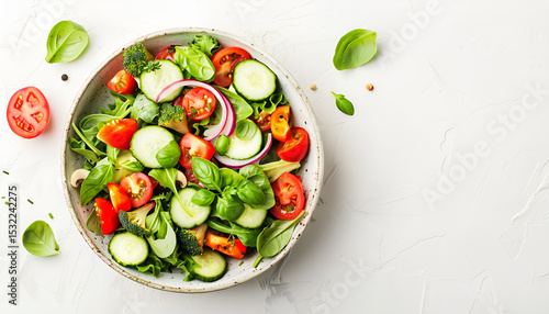 Bowl with delicious vegetable salad on white background, top view