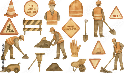 This vibrant illustration features road construction workers in safety gear, repairing a road with tools like shovels, wheelbarrows, and jackhammers. Includes warning signs, cones, and barriers, showc