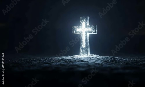 Glowing cross in the dark with mysterious light rays and dramatic shadows
