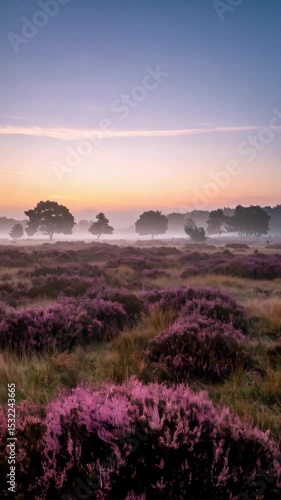 Scenic landscape view of blooming heather field under a pastel sunset sky, mist rolling around distant trees in the tranquil early morning light
