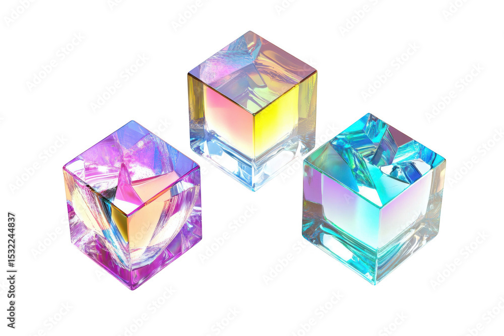 Three iridescent cubes isolated on transparent background Three iridescent cubes isolated on transparent background