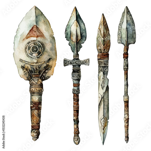 watercolor vector of Tribal Artifacts, isolated on a white background.