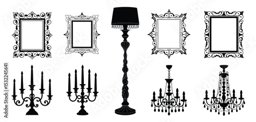 Elegant Black Silhouettes of Ornate Frames, Lamps, and Chandeliers