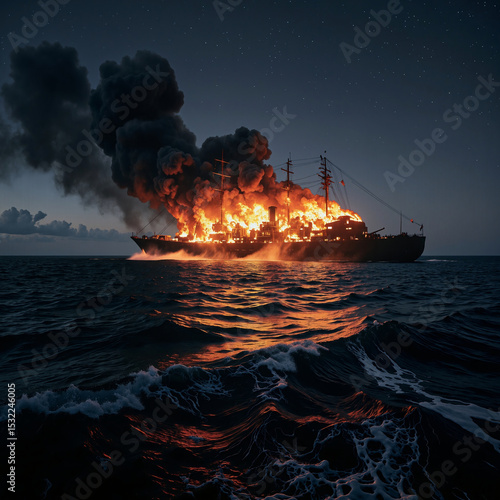 A dramatic scene unfolds as a large boat burns fiercely at night, its flames and billowing smoke illuminating the dark waters below