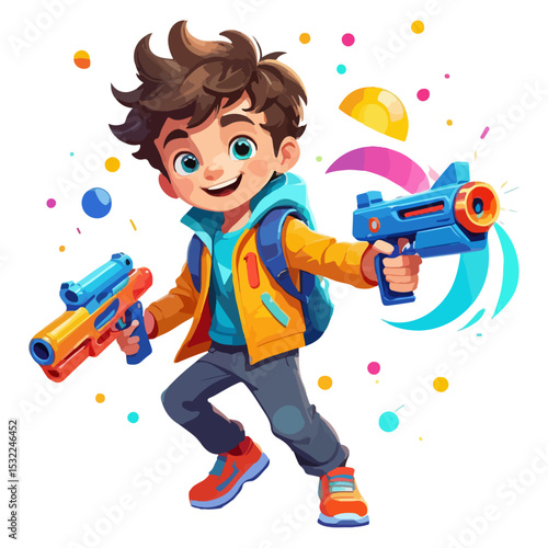 Boy playing with nerf toy guns, cartoon vector illustration on transparent background