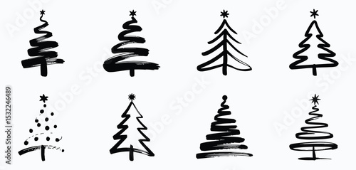 Eight Unique Hand Drawn Black Christmas Trees Set