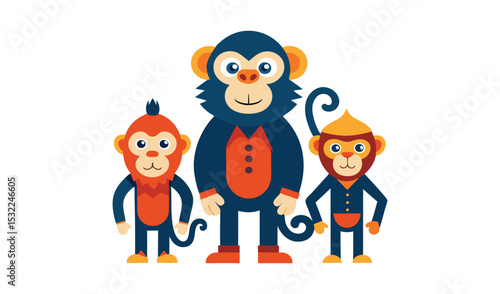 Three cute cartoon monkeys in outfits