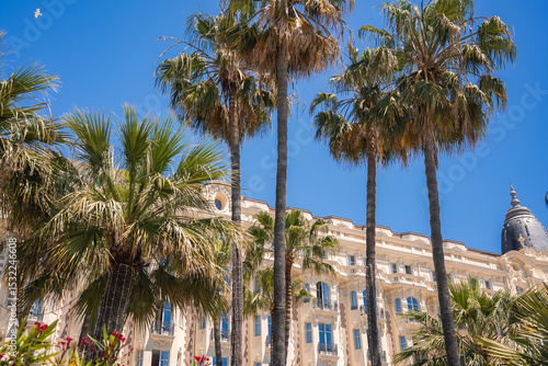 Vászonkép The Carlton Hotel in Cannes, France, features Belle Epoque architecture, domed towers, and palm trees under a bright blue sky with a bird in view
