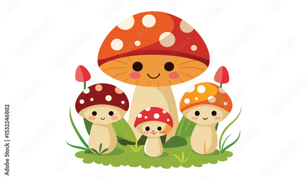 Fototapeta premium Cute cartoon mushroom family in grass