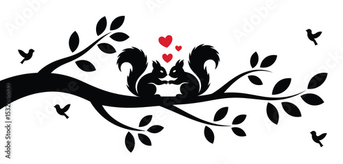 Romantic Squirrel Couple on Tree Branch with Birds and Hearts
