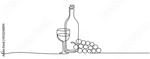 Single Line Drawing of Wine Bottle Glass and Grapes