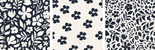 Seamless pattern set with abstract navy blue floral shapes on a light cream background. Modern minimalist design perfect for fabric, packaging, wallpapers, backgrounds, stationery, and summer decor.