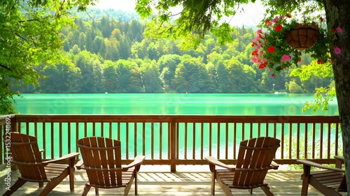 Peaceful Forest Escape  Serene Lake View from Cozy Wooden Chairs
