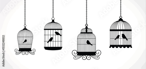 Elegant Black Birdcages with Birds Hanging Decor