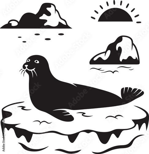 Cartoon seal resting on ice floe in arctic black and white illustration