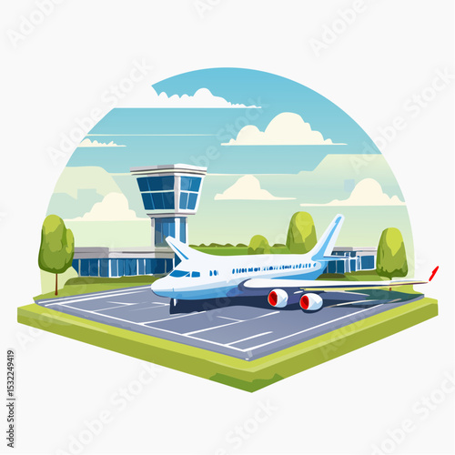 A cartoon illustration of an airport scene with an airplane, control tower, and buildings.