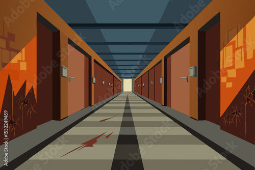 Mysterious Corridor A Digital Illustration of a Long, Spooky Hallway with Doors