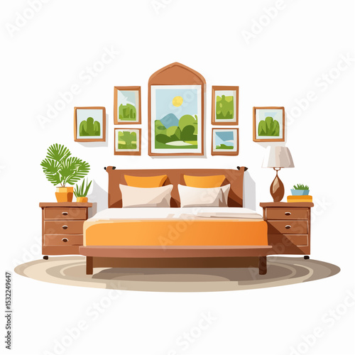Cozy bedroom interior with bed, nightstands, artwork, and decorative elements.
