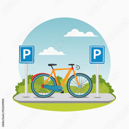 A vibrant orange bicycle parked in a designated bike area, under a partly cloudy sky.