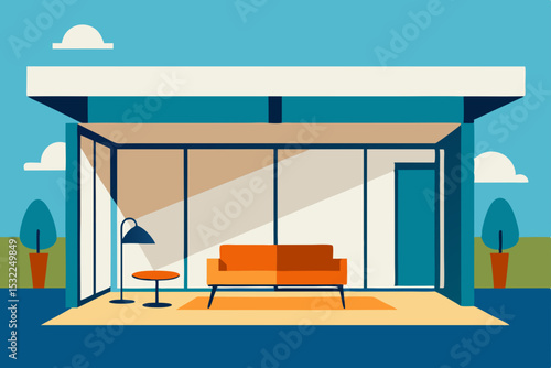 Modern House Design Open Plan Living Room with Glass Walls and Patio
