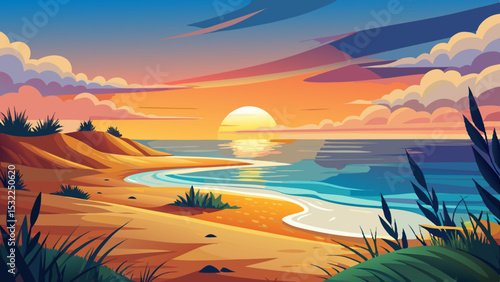 Capturing beauty of coast begins with sunset at beach. As sun dips below horizon, a warm glow paints the sand dunes. Gentle waves and calm waters complete this idyllic seascape.

