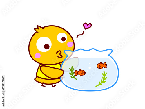 金魚を眺めるひよこ