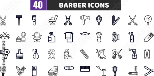 Barber Icons Set, Hair Salon Tools, Grooming Vector Line Art Collection