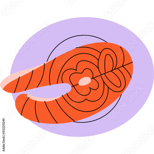Illustration of a slice of  salmon on a plate. Perfect for themes related to healthy eating, seafood dishes, nutrition, pescatarian lifestyle, and culinary visuals. 