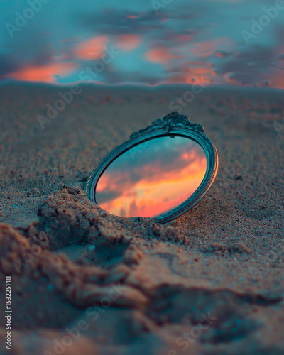 Artistic photo of a small vintage mirror placed on the ground reflecting a colorful summer sunset sky, sand or natural surface around it, surreal and poetic mood, no people visible, strong editorial s