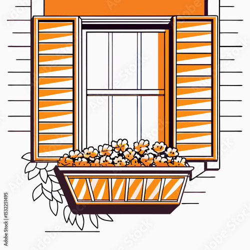 Orange Window Box with Flowers and Shutters
