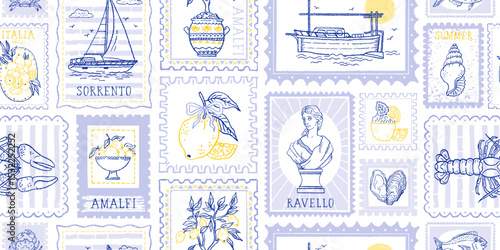 Italian summer stamp seamless pattern. Italy postcard with lemon statue boat. Amalfi beach background. Sea vintage print. Italy summer bg. Post stamp border. Seamless postage vector with Amalfi coast